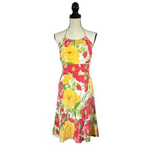 Ann Taylor LOFT 100% Silk Floral Halter Dress Open Back Y2K Style Summer Size 0